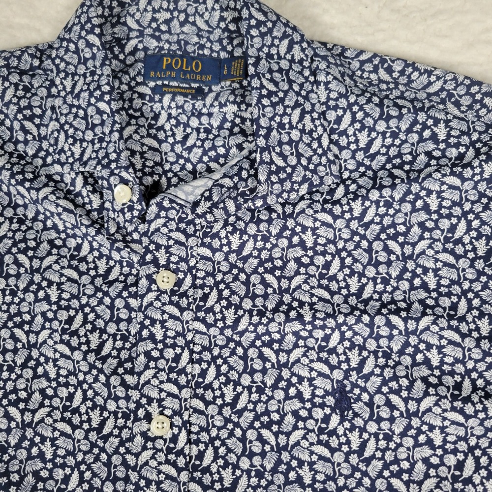 Polo Ralph Lauren Shirt Mens Large Navy Blue Performance Botanical Leaf Print LS